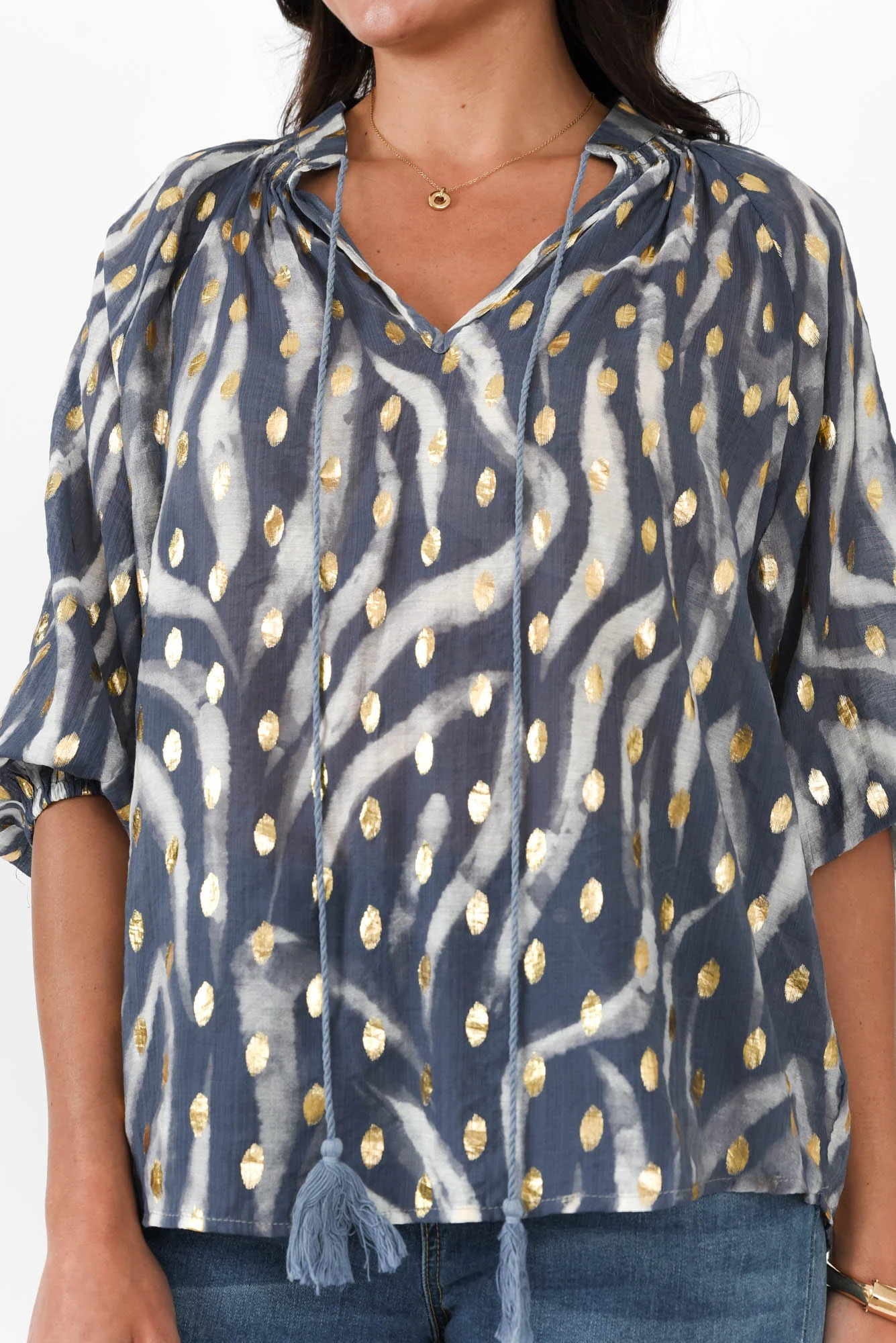 Theo Navy Swirl Cotton Blend Blouse - Image 5