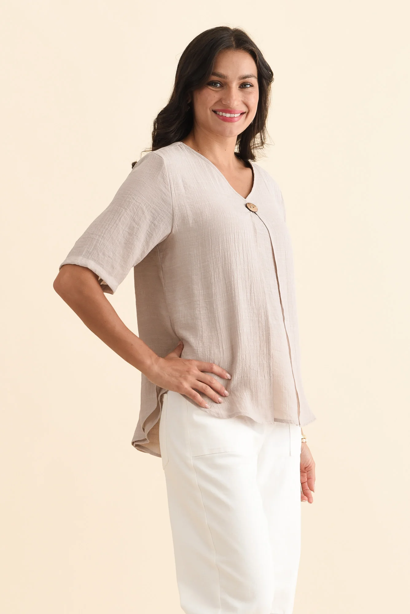 Yasmin Beige Layered Button Top - Image 4