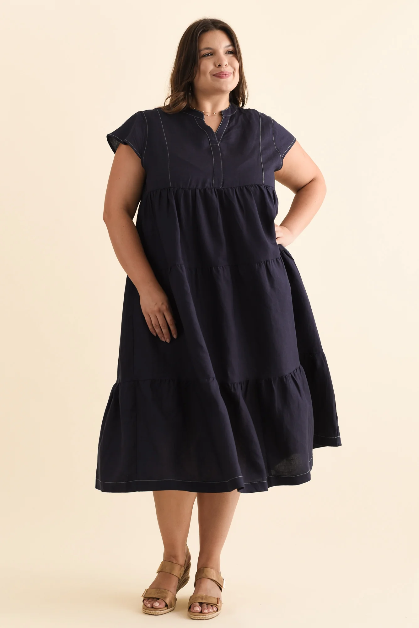 Yvette Navy Contrast Linen Blend Dress - Image 7
