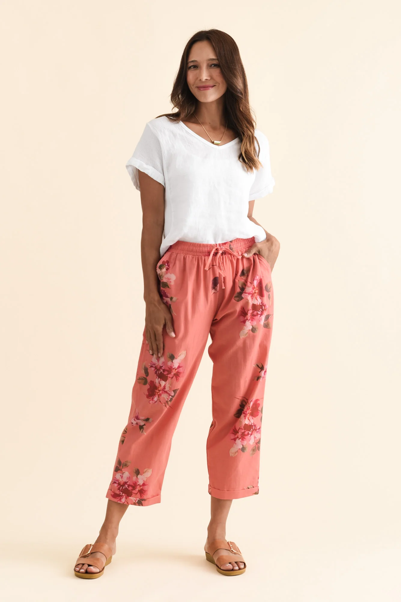 Zina Orange Flower Cotton Pants - Image 6